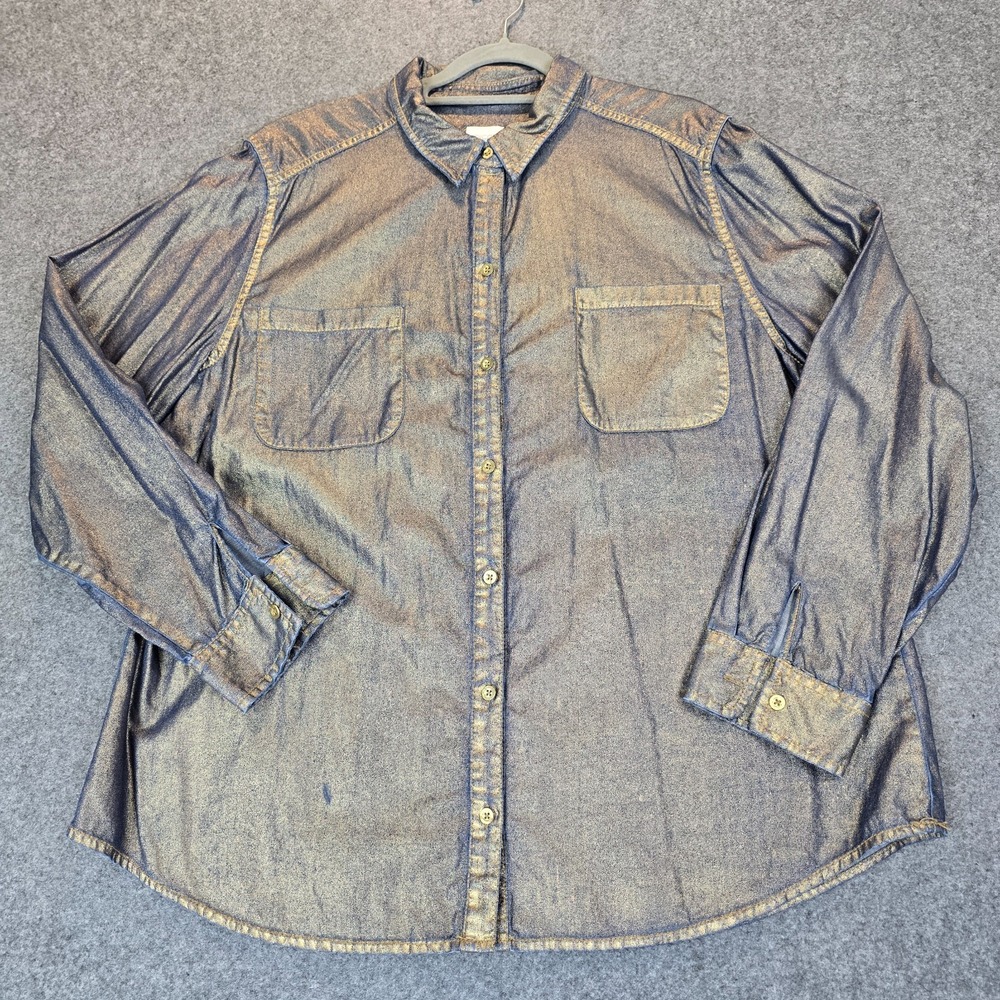 Chicos Shirt Womens 3 Blue Cotton Metallic Foil Effect Denim Back Box Button Up